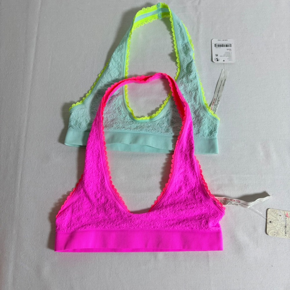Free People sweet point intimately bralette XS/S Pink Aqua Lace Halter 2 Pack